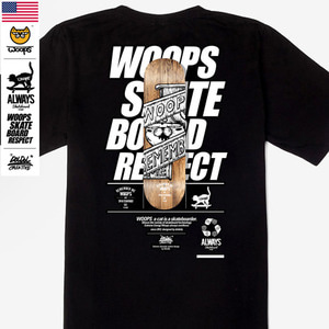 [돌돌] WOOPS_tshirts-95 스케이트보드 타는 고양이 웁스 그래픽 캐릭터 디자인 티셔츠 반팔티 